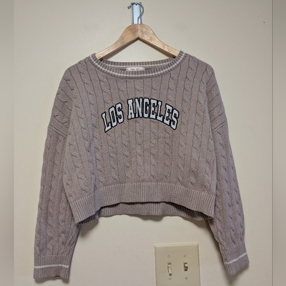 Stella Tweed “Los Angeles” Cropped Cable Knit Sweater – Large – Taupe